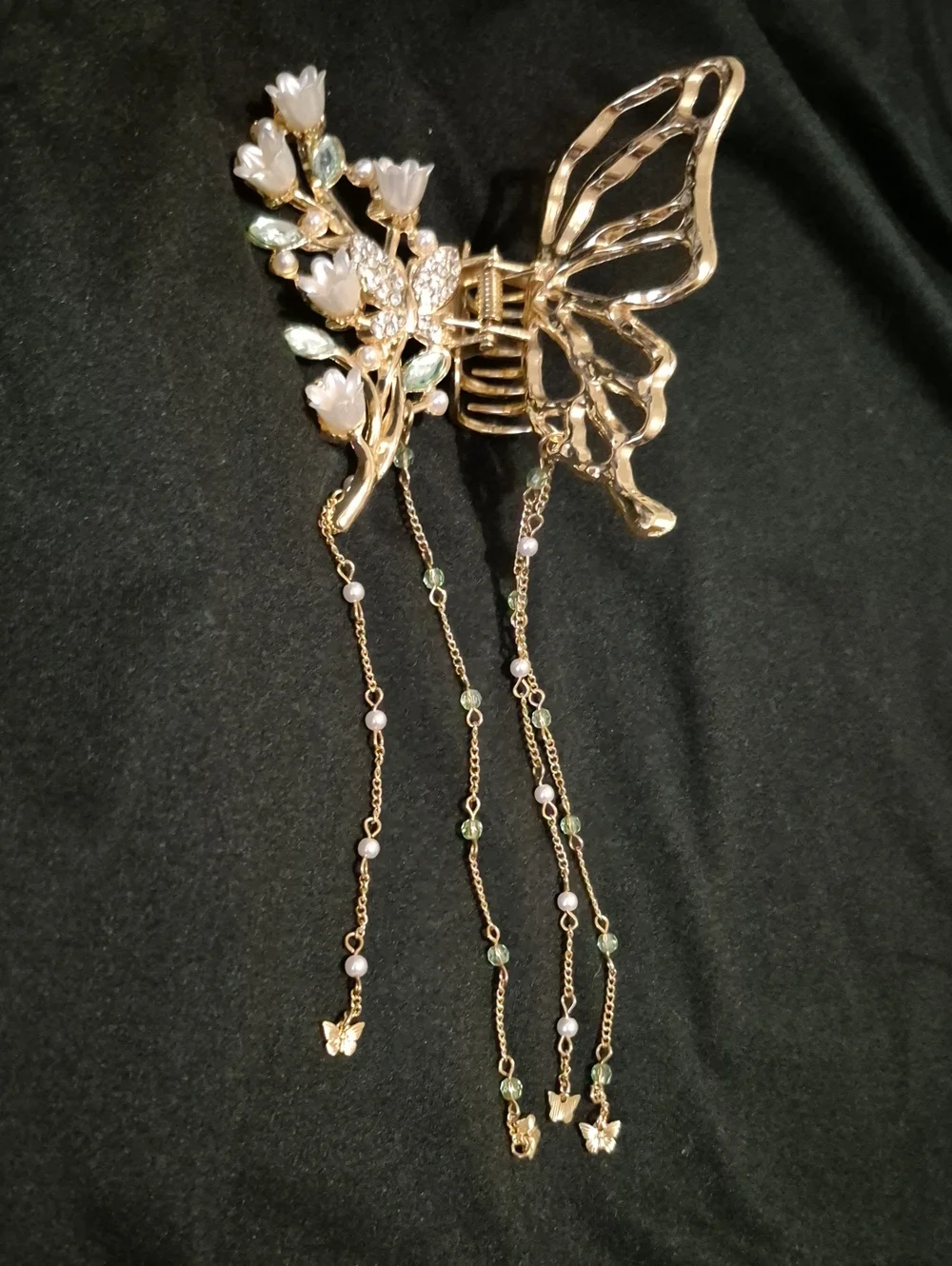 Gold Butterfly Floral Hair Clip with Pearls and Green Accents